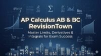 Professional AP Calculus AB and BC RevisionTown featured image with graphs, limits, derivatives, integrals, and exam prep town skyline