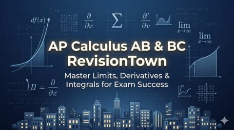 Professional AP Calculus AB and BC RevisionTown featured image with graphs, limits, derivatives, integrals, and exam prep town skyline