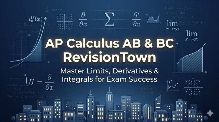 Professional AP Calculus AB and BC RevisionTown featured image with graphs, limits, derivatives, integrals, and exam prep town skyline