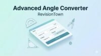 Advanced Angle Converter tool interface by RevisionTown showing degrees, radians, gradians conversion for math practice