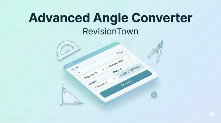 Advanced Angle Converter tool interface by RevisionTown showing degrees, radians, gradians conversion for math practice