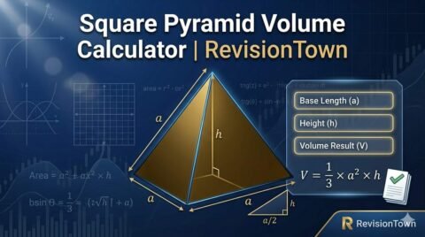 Square pyramid volume calculator tool by RevisionTown showing V=1/3 a²h formula