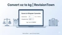 Convert oz to kg calculator interface showing ounces to kilograms conversion formula and example on a laptop screen