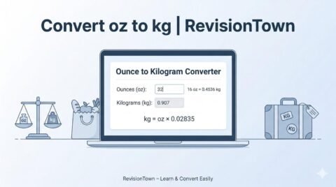 Convert oz to kg calculator interface showing ounces to kilograms conversion formula and example on a laptop screen