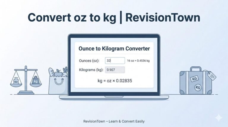 Convert oz to kg calculator interface showing ounces to kilograms conversion formula and example on a laptop screen