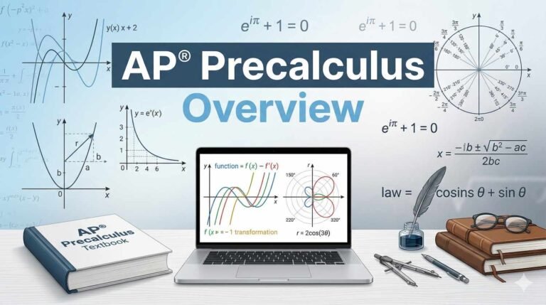 AP Precalculus overview banner showing curriculum, prerequisites, and course details designed for RevisionTown educational blog.
