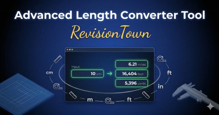 Professional graphic of RevisionTown's Advanced Length Converter Tool interface showing km to miles conversion with ruler icons and neon UI on blue gradient background