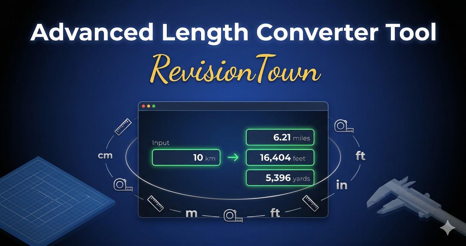 Professional graphic of RevisionTown's Advanced Length Converter Tool interface showing km to miles conversion with ruler icons and neon UI on blue gradient background