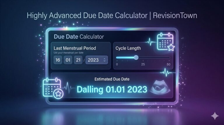 Highly advanced due date calculator by RevisionTown showing pregnancy due date prediction interface