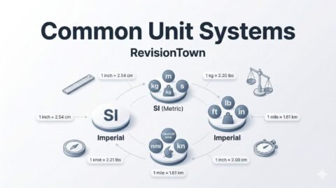 Common unit systems infographic for RevisionTown: SI metric vs imperial conversions with rulers and scales