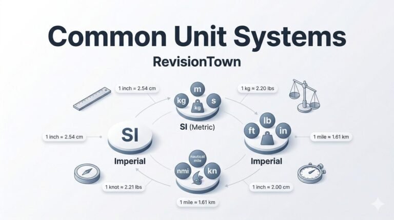 Common unit systems infographic for RevisionTown: SI metric vs imperial conversions with rulers and scales