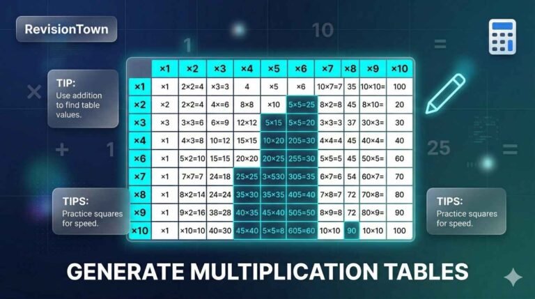 Multiplication tables generator tool on RevisionTown for easy math revision.