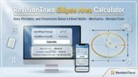 Ellipse area calculator interface showing semi‑major and semi‑minor axis inputs, area and perimeter results, and labeled ellipse diagram. | RevisionTown