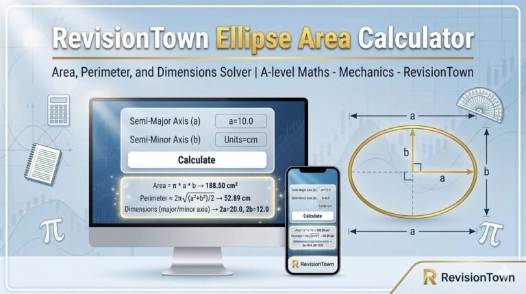 Ellipse area calculator interface showing semi‑major and semi‑minor axis inputs, area and perimeter results, and labeled ellipse diagram. | RevisionTown