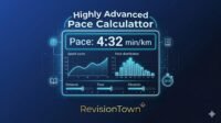 Highly advanced pace calculator interface by RevisionTown featuring pace display, graphs, and sliders for runners and students