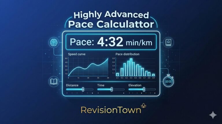 Highly advanced pace calculator interface by RevisionTown featuring pace display, graphs, and sliders for runners and students