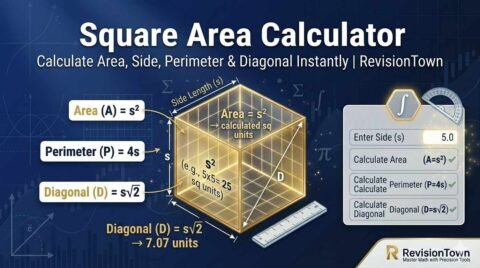 Square area calculator tool showing area s², side, perimeter 4s, diagonal s√2 formulas for RevisionTown math revision.