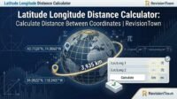 Latitude longitude distance calculator graphic showing coordinates pins and great-circle path on world map for RevisionTown tool.