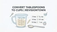 Infographic showing how to convert tablespoons to cups for cooking, with a labeled measuring cup and spoon, and a simple conversion table such as 16 tablespoons equal 1 cup | RevisionTown.