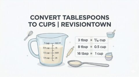 Infographic showing how to convert tablespoons to cups for cooking, with a labeled measuring cup and spoon, and a simple conversion table such as 16 tablespoons equal 1 cup | RevisionTown.