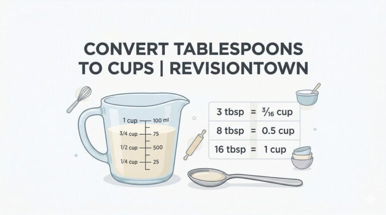 Infographic showing how to convert tablespoons to cups for cooking, with a labeled measuring cup and spoon, and a simple conversion table such as 16 tablespoons equal 1 cup | RevisionTown.