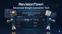 Modern advanced weight converter tool interface by RevisionTown showing kg to lbs conversion with sleek UI design and measurement icons for grams, ounces, pounds, stones on dark gradient background