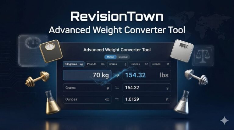 Modern advanced weight converter tool interface by RevisionTown showing kg to lbs conversion with sleek UI design and measurement icons for grams, ounces, pounds, stones on dark gradient background