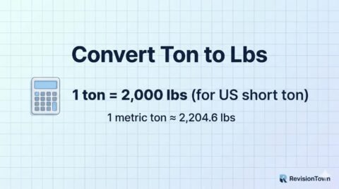 Convert ton to lbs infographic showing 1 ton equals 2000 pounds on a clean whiteboard with formula 1 t = 2000 lbs by RevisionTown
