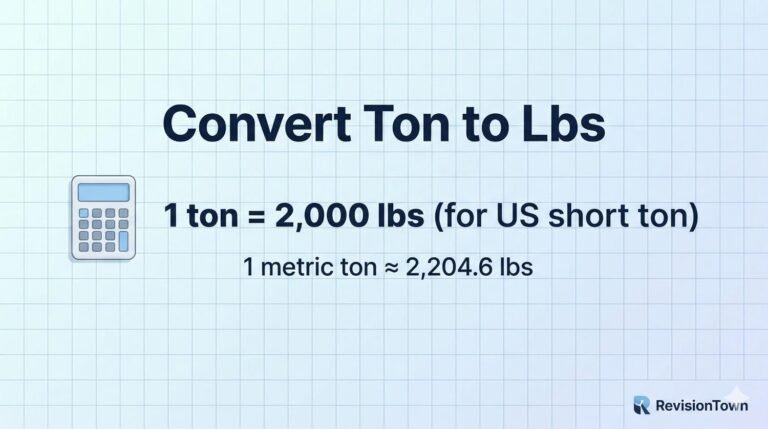 Convert ton to lbs infographic showing 1 ton equals 2000 pounds on a clean whiteboard with formula 1 t = 2000 lbs by RevisionTown