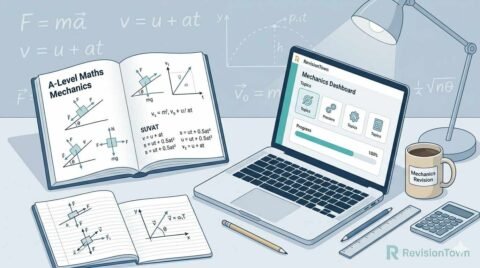 “Featured image for A Level Maths Mechanics revision guide on RevisionTown showing a study desk with textbook, notes, and equations.”