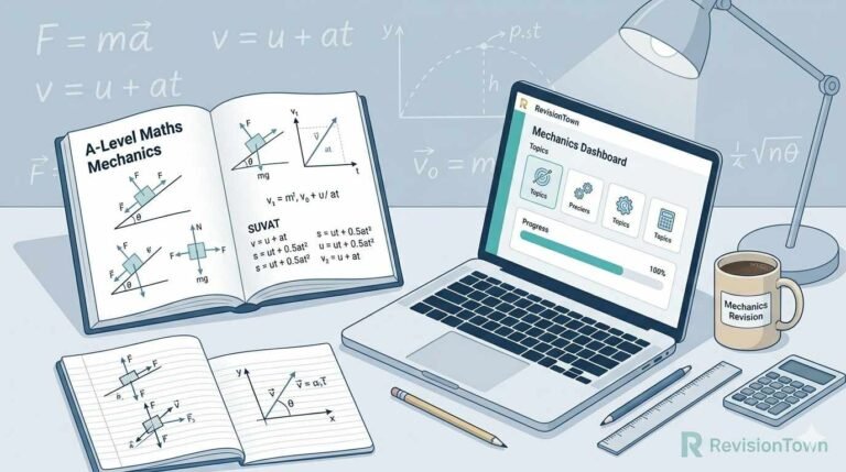 “Featured image for A Level Maths Mechanics revision guide on RevisionTown showing a study desk with textbook, notes, and equations.”