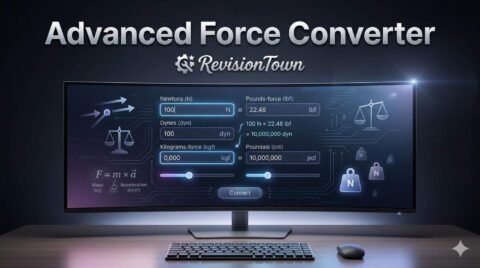 Advanced Force Converter interface on RevisionTown showing Newton to pound-force conversions with physics formulas and interactive sliders for engineering students