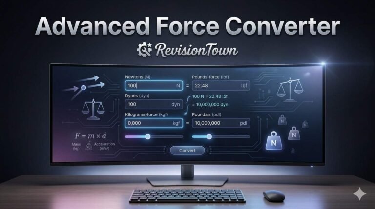 Advanced Force Converter interface on RevisionTown showing Newton to pound-force conversions with physics formulas and interactive sliders for engineering students