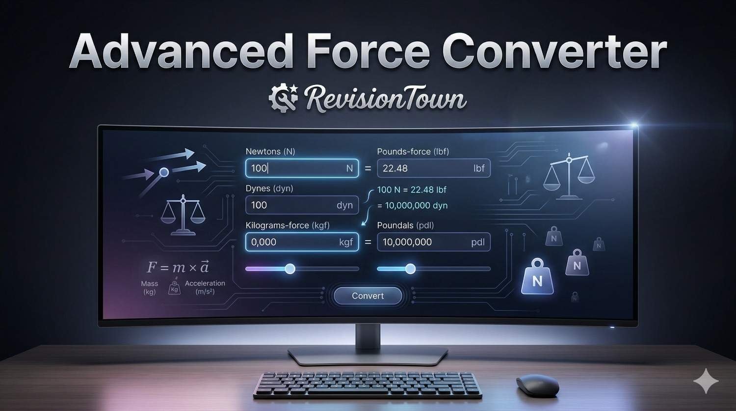 Advanced Force Converter interface on RevisionTown showing Newton to pound-force conversions with physics formulas and interactive sliders for engineering students