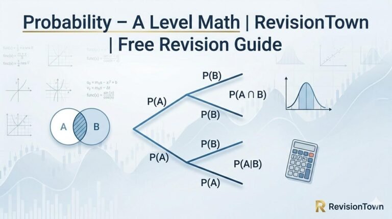 Probability A Level Math revision feature image for RevisionTown blog post with probability tree, Venn diagram, and normal distribution.