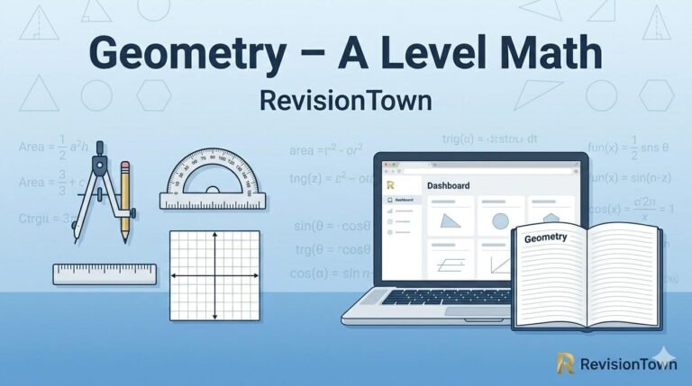 Geometry revision guide for A Level Maths by RevisionTown, featuring compass, protractor, ruler and coordinate grid.