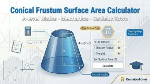 Conical frustum surface area calculator infographic with labeled 3D frustum, formula, and free online tool interface from RevisionTown.