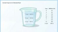 Infographic showing how to convert cups to milliliters (ml) with a measuring cup and conversion table for ¼, ½, ¾, 1, 1½, and 2 cups to ml | RevisionTown