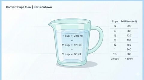 Infographic showing how to convert cups to milliliters (ml) with a measuring cup and conversion table for ¼, ½, ¾, 1, 1½, and 2 cups to ml | RevisionTown