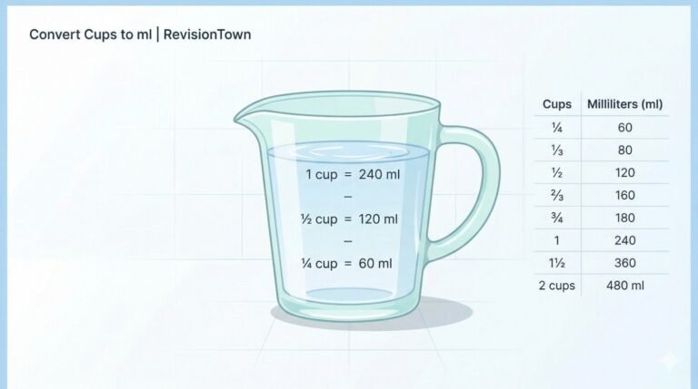 Infographic showing how to convert cups to milliliters (ml) with a measuring cup and conversion table for ¼, ½, ¾, 1, 1½, and 2 cups to ml | RevisionTown