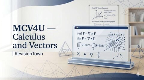 Professional banner for MCV4U Calculus and Vectors course review by RevisionTown showing mathematical formulas and vector graphs on a clean background.