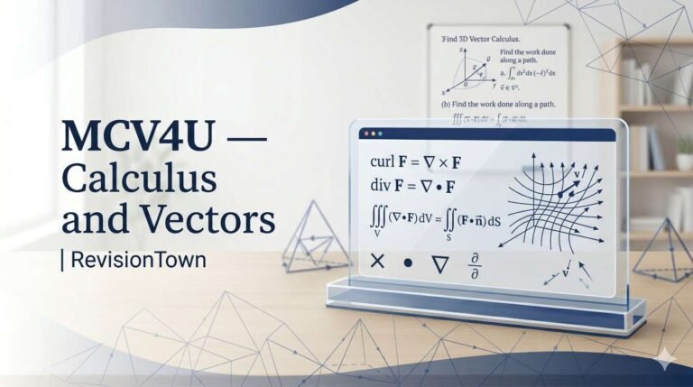 Professional banner for MCV4U Calculus and Vectors course review by RevisionTown showing mathematical formulas and vector graphs on a clean background.