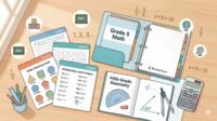 Fifth grade math worksheets free printable PDFs on a classroom desk with school stationery and educational materials – RevisionTown.