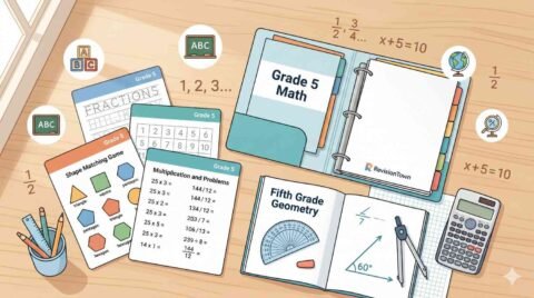 Fifth grade math worksheets free printable PDFs on a classroom desk with school stationery and educational materials – RevisionTown.