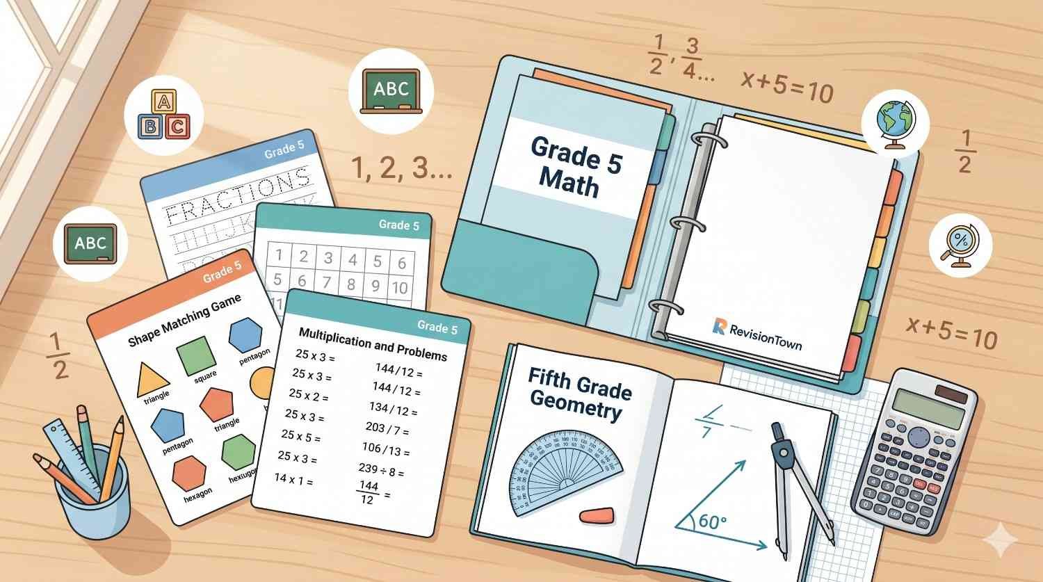 Fifth grade math worksheets free printable PDFs on a classroom desk with school stationery and educational materials – RevisionTown.