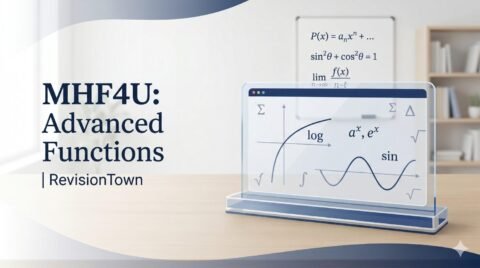 Illustration of MHF4U Advanced Functions concepts including mathematical graphs and equations with RevisionTown branding, representing a professional study guide banner.