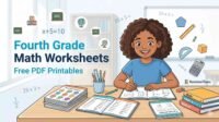 Fourth grade math worksheets free PDF printables for kids – RevisionTown education blog feature image.