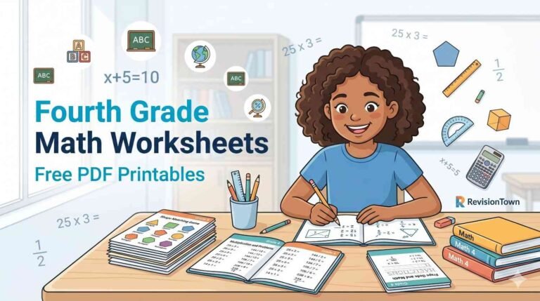 Fourth grade math worksheets free PDF printables for kids – RevisionTown education blog feature image.