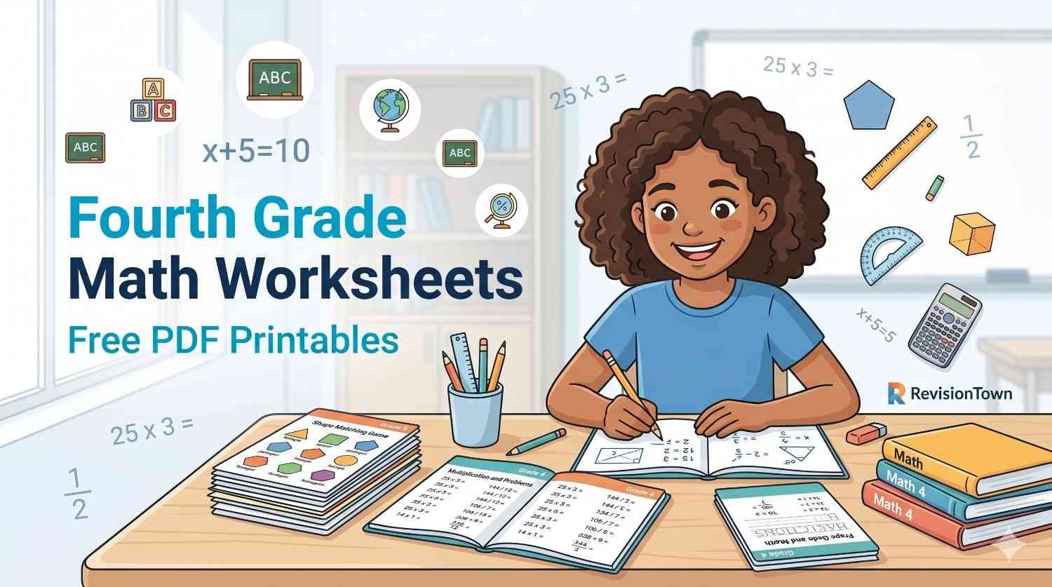 Fourth grade math worksheets free PDF printables for kids – RevisionTown education blog feature image.