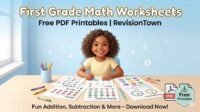 First grade math worksheets free PDF printables from RevisionTown - addition subtraction counting for kids